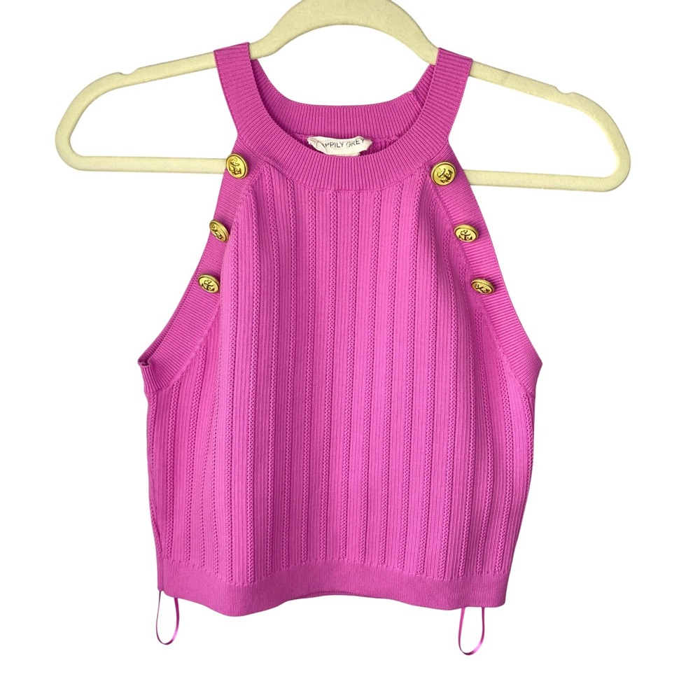 Happily Grey Pink Ribbed Halter Top Gold Anchor Button Trim XL